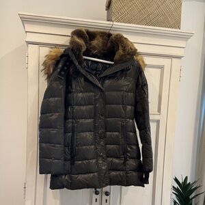 Aqua Olive Green Puffer Jacket with Faux Fur Collar and Hood